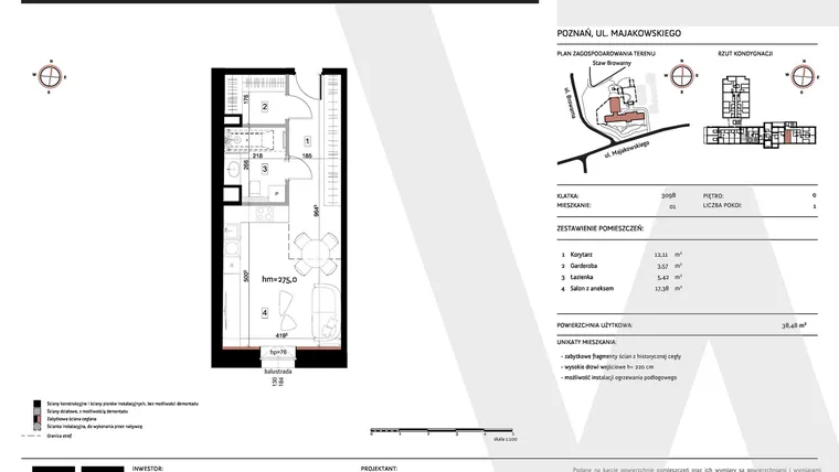 Rzut - Mieszkanie na sprzedaż 1 pokój o powierzchni 38,48 m² - numer 309B/01 w WARZELNIA