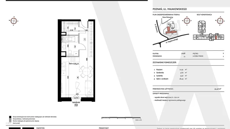Rzut - Mieszkanie na sprzedaż 1 pokój o powierzchni 39,46 m² - numer 309B/11 w Warzelnia II