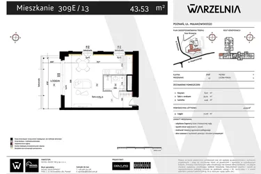 Rzut - Mieszkanie na sprzedaż 1 pokój o powierzchni 43,53 m² - numer 309E/13 w Warzelnia II