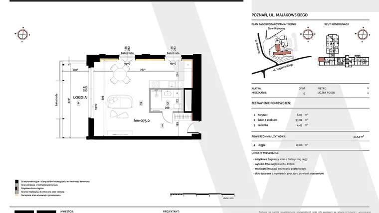 Rzut - Mieszkanie na sprzedaż 1 pokój o powierzchni 43,53 m² - numer 309E/13 w WARZELNIA