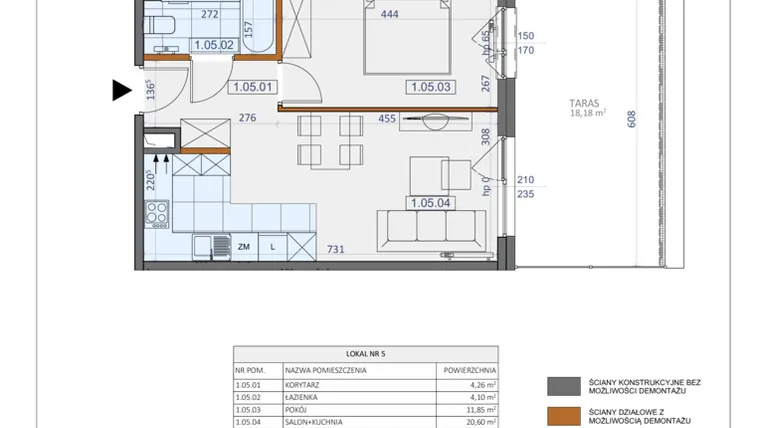 Rzut - Mieszkanie na sprzedaż 2 pokoje o powierzchni 40,81 m² - numer 5 w Osiedle Zycha