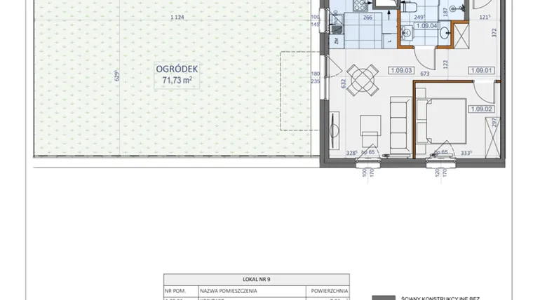 Rzut - Mieszkanie na sprzedaż 2 pokoje o powierzchni 40,93 m² - numer 9 w Osiedle Zycha