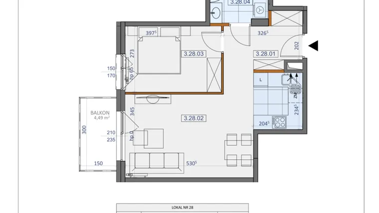 Rzut - Mieszkanie na sprzedaż 2 pokoje o powierzchni 46,36 m² - numer 28 w Osiedle Zycha