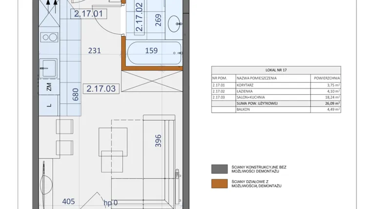 Rzut - Mieszkanie na sprzedaż 1 pokój o powierzchni 26,09 m² - numer 17 w Osiedle Zycha
