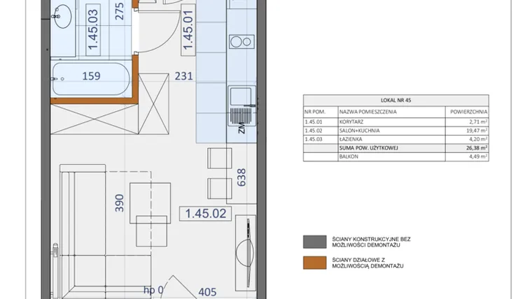 Rzut - Mieszkanie na sprzedaż 1 pokój o powierzchni 26,38 m² - numer 45 w Osiedle Zycha