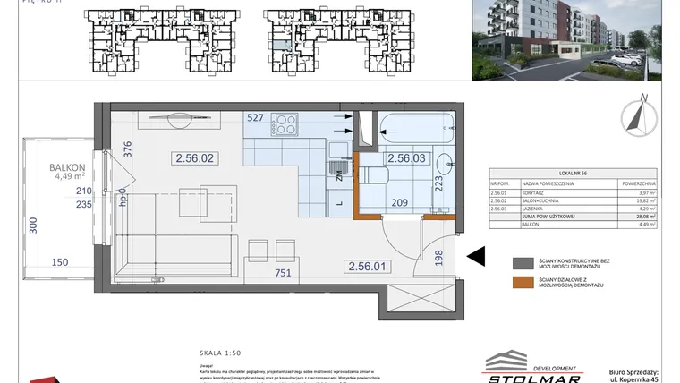 Rzut - Mieszkanie na sprzedaż 1 pokój o powierzchni 28,08 m² - numer 56 w Osiedle Zycha