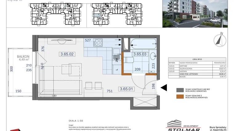 Rzut - Mieszkanie na sprzedaż 1 pokój o powierzchni 28,08 m² - numer 65 w Osiedle Zycha