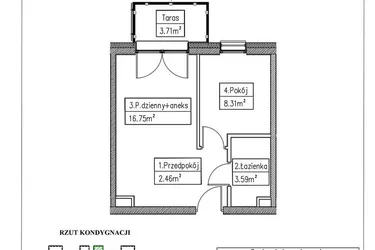 Rzut - Mieszkanie na sprzedaż 2 pokoje o powierzchni 31,11 m² - numer 12 w Działkowa 68