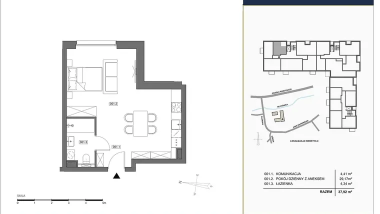Rzut - Mieszkanie na sprzedaż 1 pokój o powierzchni 37,92 m² - numer A.001 w Nowa Młynówka