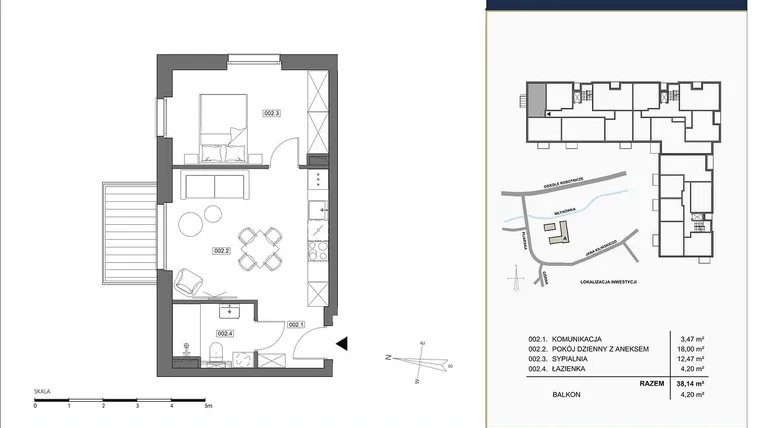 Rzut - Mieszkanie na sprzedaż 2 pokoje o powierzchni 38,14 m² - numer A.002 w Nowa Młynówka