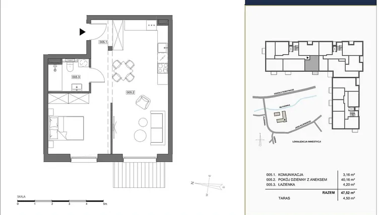 Rzut - Mieszkanie na sprzedaż 2 pokoje o powierzchni 47,52 m² - numer A.005 w Nowa Młynówka
