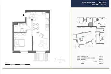 Rzut - Mieszkanie na sprzedaż 2 pokoje o powierzchni 47,52 m² - numer A.005 w Nowa Młynówka