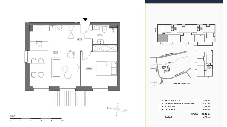 Rzut - Mieszkanie na sprzedaż 2 pokoje o powierzchni 50,4 m² - numer A.003 w Nowa Młynówka