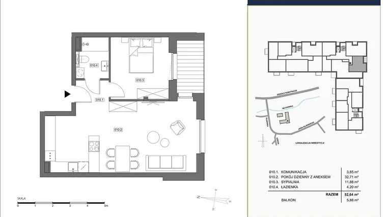 Rzut - Mieszkanie na sprzedaż 2 pokoje o powierzchni 52,64 m² - numer A.010 w Nowa Młynówka