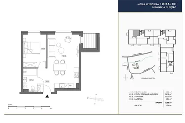 Rzut - Mieszkanie na sprzedaż 2 pokoje o powierzchni 43,58 m² - numer A.101 w Nowa Młynówka