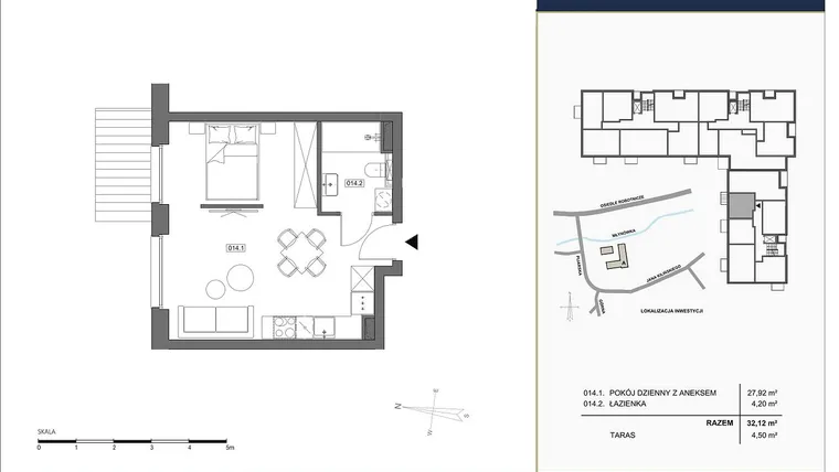 Rzut - Mieszkanie na sprzedaż 1 pokój o powierzchni 32,12 m² - numer A.014 w Nowa Młynówka