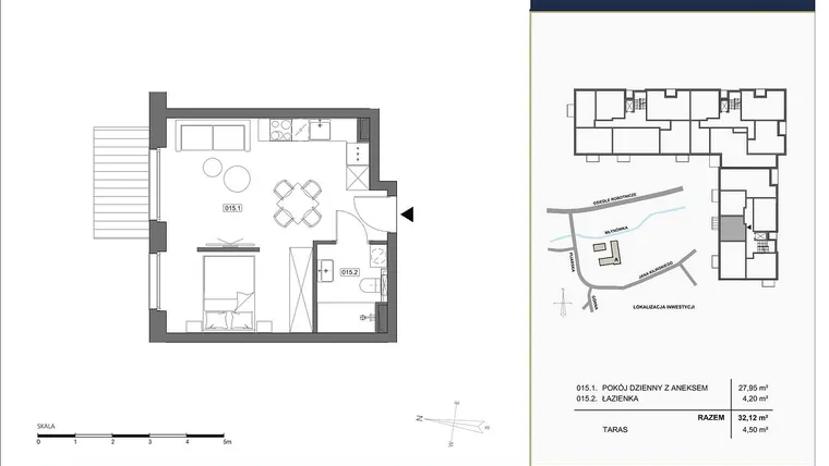 Rzut - Mieszkanie na sprzedaż 1 pokój o powierzchni 32,12 m² - numer A.015 w Nowa Młynówka