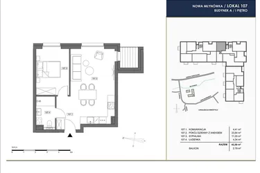 Rzut - Mieszkanie na sprzedaż 2 pokoje o powierzchni 43,59 m² - numer A.107 w Nowa Młynówka