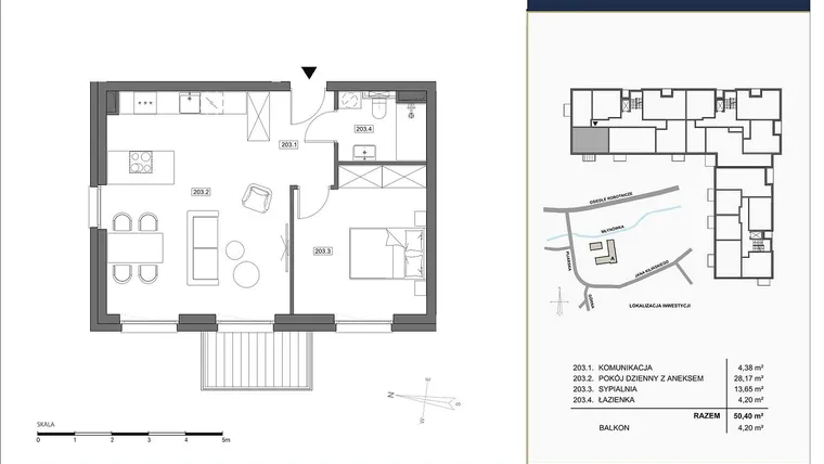 Rzut - Mieszkanie na sprzedaż 2 pokoje o powierzchni 50,4 m² - numer A.203 w Nowa Młynówka