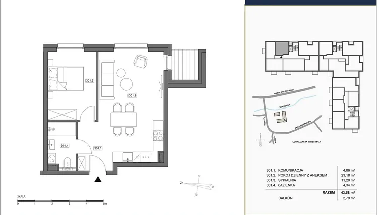 Rzut - Mieszkanie na sprzedaż 2 pokoje o powierzchni 43,58 m² - numer A.301 w Nowa Młynówka