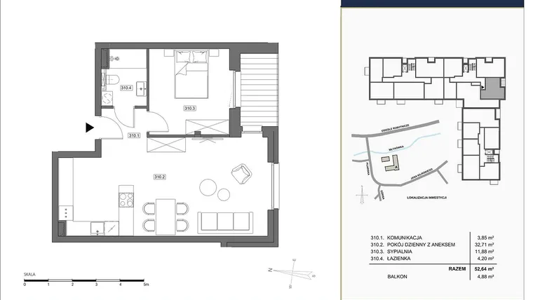 Rzut - Mieszkanie na sprzedaż 2 pokoje o powierzchni 52,64 m² - numer A.310 w Nowa Młynówka