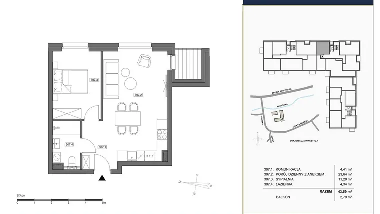 Rzut - Mieszkanie na sprzedaż 2 pokoje o powierzchni 43,59 m² - numer A.307 w Nowa Młynówka