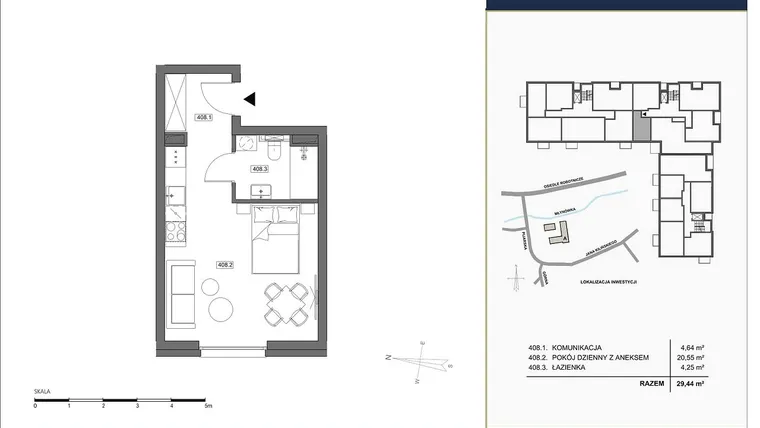 Rzut - Mieszkanie na sprzedaż 1 pokój o powierzchni 29,44 m² - numer A.408 w Nowa Młynówka