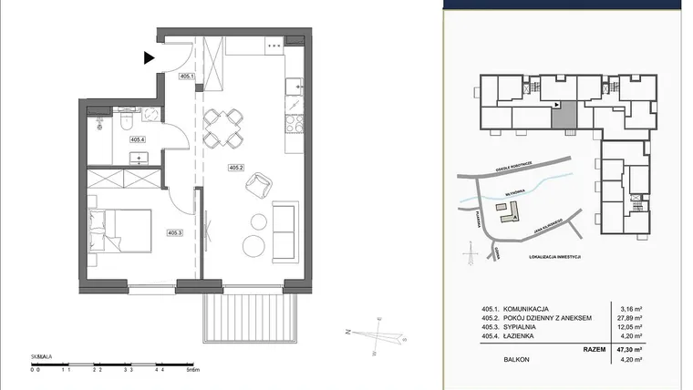 Rzut - Mieszkanie na sprzedaż 2 pokoje o powierzchni 47,3 m² - numer A.405 w Nowa Młynówka