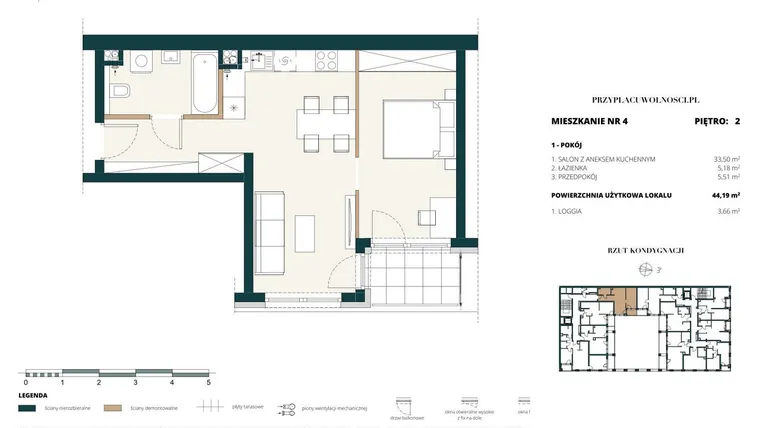 Rzut - Mieszkanie na sprzedaż 1 pokój o powierzchni 44,14 m² - numer 2. M4. w Przy Placu Wolności