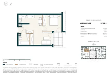 Rzut - Mieszkanie na sprzedaż 1 pokój o powierzchni 38,76 m² - numer 1. M3. w Przy Placu Wolności
