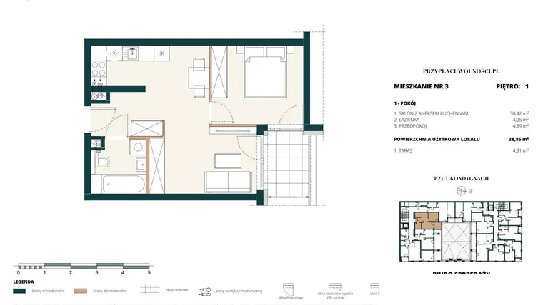 Rzut - Mieszkanie na sprzedaż 1 pokój o powierzchni 38,76 m² - numer 1. M3. w Przy Placu Wolności