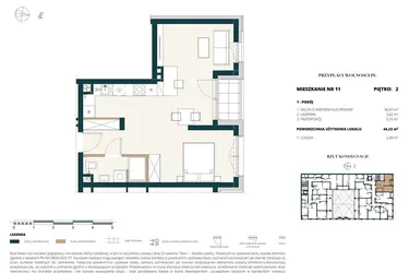 Rzut - Mieszkanie na sprzedaż 1 pokój o powierzchni 44,04 m² - numer 2. M11. w Przy Placu Wolności