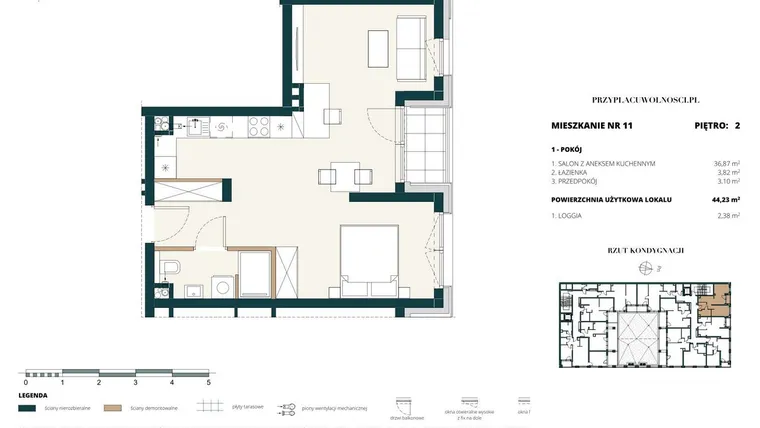 Rzut - Mieszkanie na sprzedaż 1 pokój o powierzchni 44,04 m² - numer 2. M11. w Przy Placu Wolności