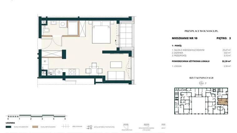Rzut - Mieszkanie na sprzedaż 1 pokój o powierzchni 32,21 m² - numer 3. M10. w Przy Placu Wolności