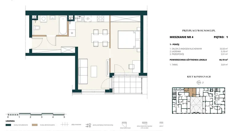 Rzut - Mieszkanie na sprzedaż 1 pokój o powierzchni 44,14 m² - numer 1. M4. w Przy Placu Wolności