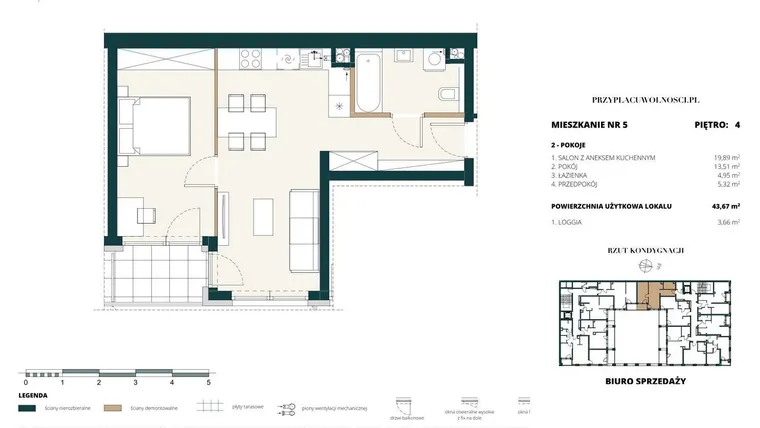 Rzut - Mieszkanie na sprzedaż 1 pokój o powierzchni 43,63 m² - numer 4. M5. w Przy Placu Wolności