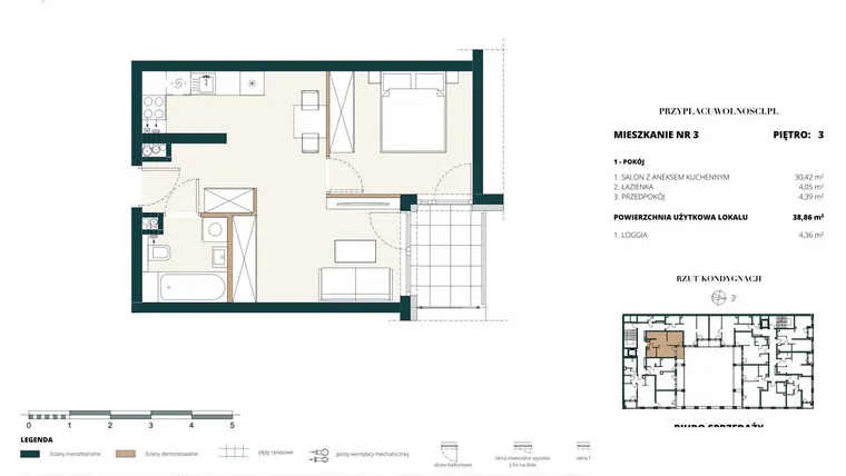Rzut - Mieszkanie na sprzedaż 1 pokój o powierzchni 38,76 m² - numer 3. M3. w Przy Placu Wolności