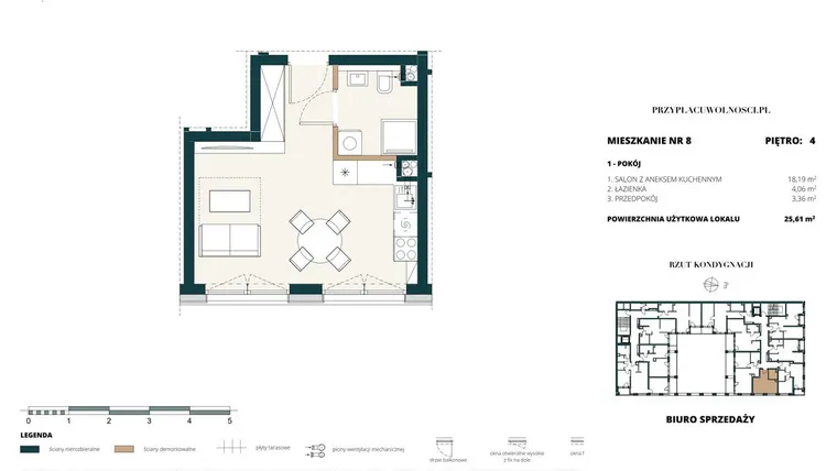 Rzut - Mieszkanie na sprzedaż 1 pokój o powierzchni 25,6 m² - numer 4. M8. w Przy Placu Wolności