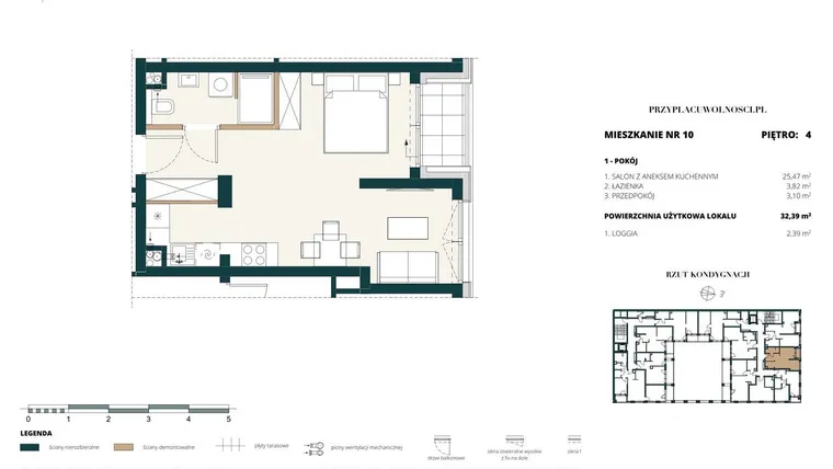 Rzut - Mieszkanie na sprzedaż 1 pokój o powierzchni 32,21 m² - numer 4. M10. w Przy Placu Wolności