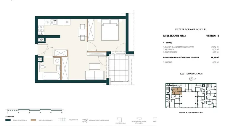 Rzut - Mieszkanie na sprzedaż 1 pokój o powierzchni 38,76 m² - numer 5. M3. w Przy Placu Wolności