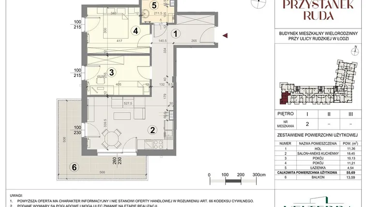 Rzut - Mieszkanie na sprzedaż 3 pokoje o powierzchni 55,92 m² - numer 2 w Przystanek Ruda