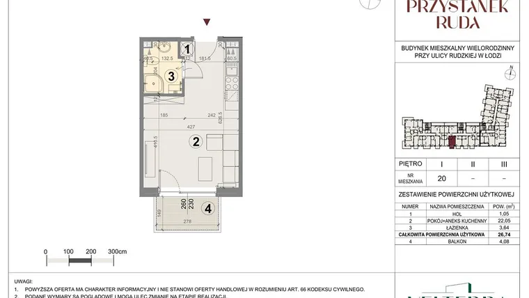 Rzut - Mieszkanie na sprzedaż 1 pokój o powierzchni 26,92 m² - numer 20 w Przystanek Ruda