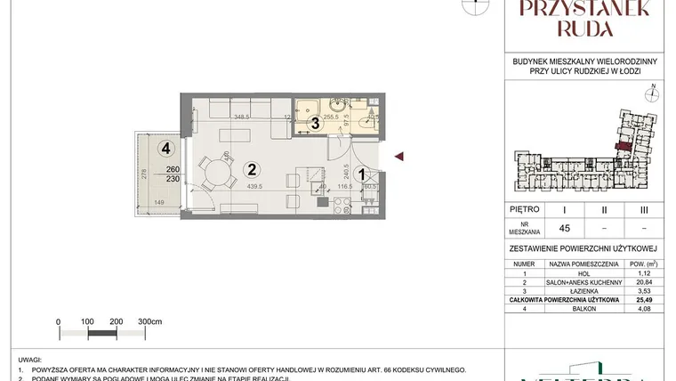 Rzut - Mieszkanie na sprzedaż 1 pokój o powierzchni 25,67 m² - numer 45 w Przystanek Ruda