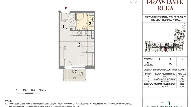 Rzut - Mieszkanie na sprzedaż 1 pokój o powierzchni 26,29 m² - numer 27 w Przystanek Ruda