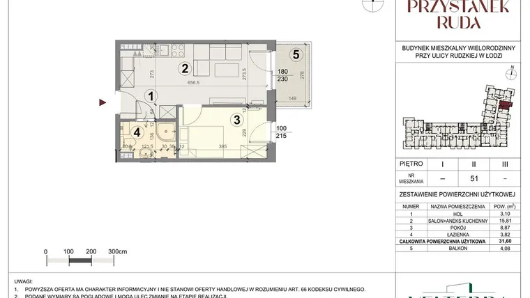Rzut - Mieszkanie na sprzedaż 2 pokoje o powierzchni 31,78 m² - numer 51 w Przystanek Ruda
