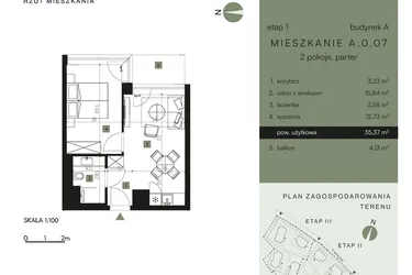 Rzut - Mieszkanie na sprzedaż 2 pokoje o powierzchni 35,37 m² - numer A.0.07 w Nickel Resort & Wellnest Szklarska Poręba