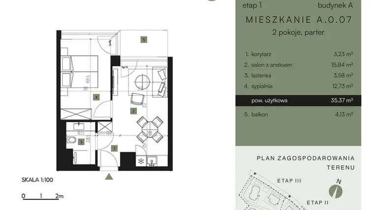 Rzut - Mieszkanie na sprzedaż 2 pokoje o powierzchni 35,37 m² - numer A.0.07 w Nickel Resort & Wellnest Szklarska Poręba