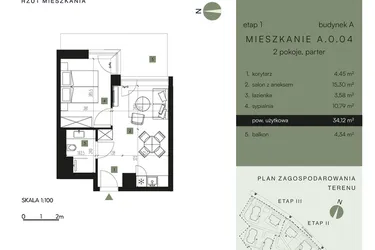 Rzut - Mieszkanie na sprzedaż 2 pokoje o powierzchni 34,12 m² - numer A.0.04 w Nickel Resort & Wellnest Szklarska Poręba - apartamenty inwestycyjne