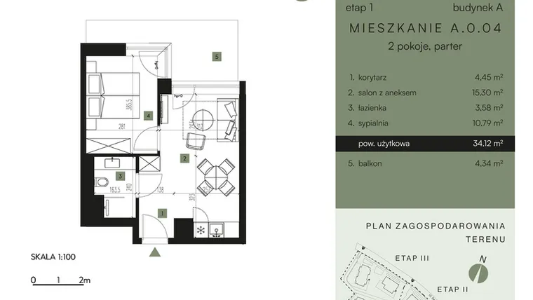 Rzut - Mieszkanie na sprzedaż 2 pokoje o powierzchni 34,12 m² - numer A.0.04 w Nickel Resort & Wellnest Szklarska Poręba - apartamenty inwestycyjne