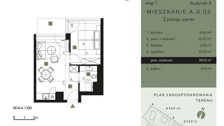 Rzut - Mieszkanie na sprzedaż 2 pokoje o powierzchni 34,13 m² - numer A.0.05 w Nickel Resort & Wellnest Szklarska Poręba
